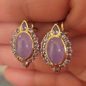 STS 14K YELLOW GOLD LAVENDER JADE*TANZANITE EARRINGS*POST*FRENCH CLIP